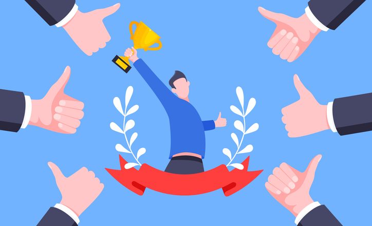 Best worker employee winner with trophy cup inside award ribbon and floral wreath flat style design vector illustration. Employee of the month, talent award, best worker competition prize.