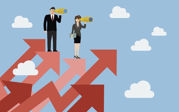 Business man and woman have a telescope standing on graph up. Business concept