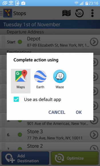 configurar o Google maps como aplicativo padrão dentro de Route4Me app