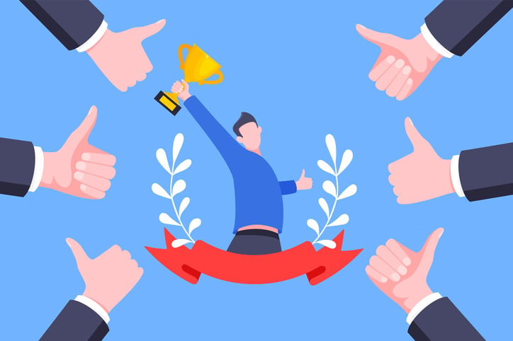 Best worker employee winner with trophy cup inside award ribbon and floral wreath flat style design vector illustration. Employee of the month, talent award, best worker competition prize.