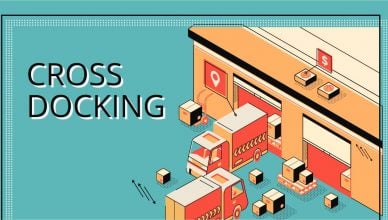 Cross docking logistics. Trucks receiving and shipping goods, warehousing process, cargo transportation.