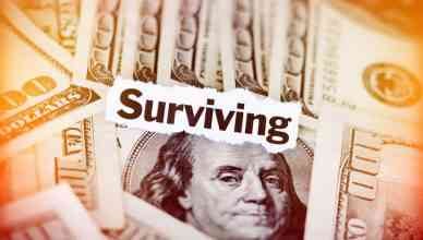 Hundred dollar bills with the word "Surviving."