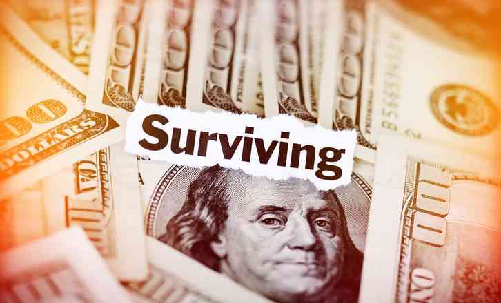 Hundred dollar bills with the word "Surviving."