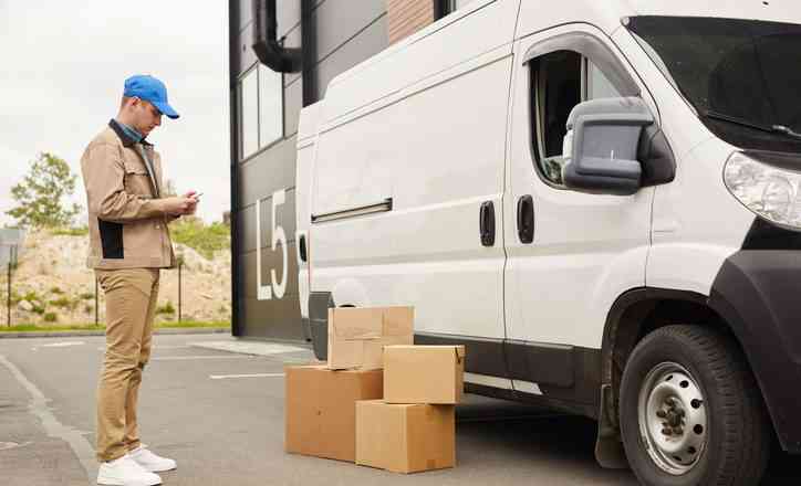 Young man in uniform using his mobile phone while standing near the van and packages outdoors near the warehouse for last-mile delivery