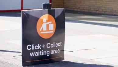 Click and collect online internet shopping sign at shop car park lane uk