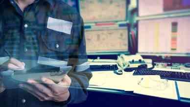 Double exposure of Engineer or Technician man in working shirt working on route tools with tablet in control room of oil and gas platform or plant industrial for monitor process, business and industry concept.