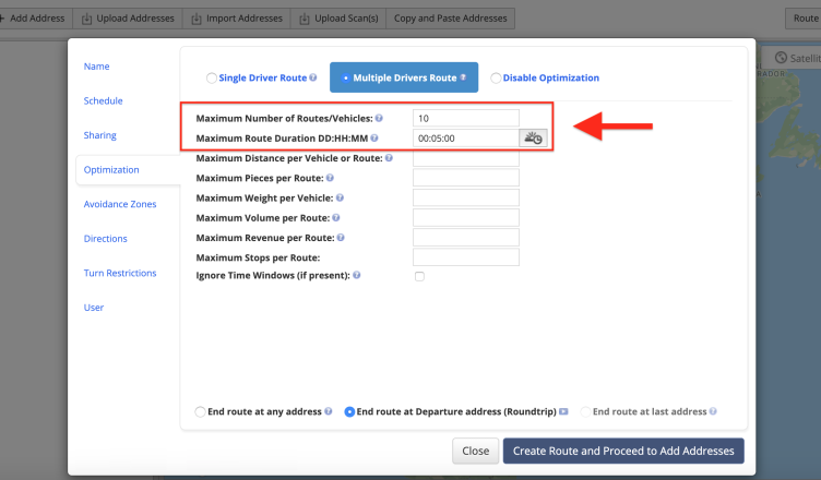 how to set route duration in Route4Me's route optimizer