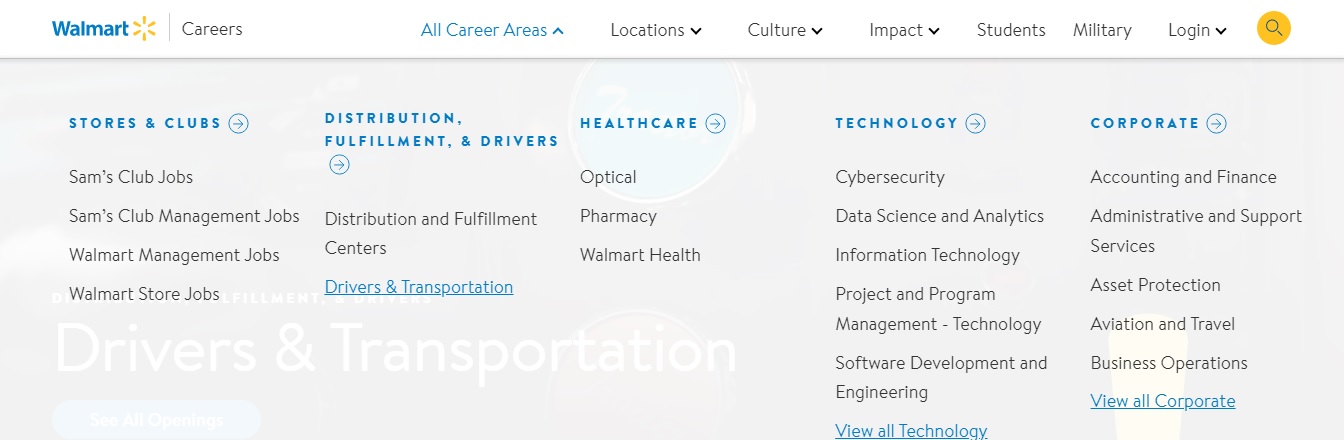 screenshot of walmart career page to show how to apply to driving jobs