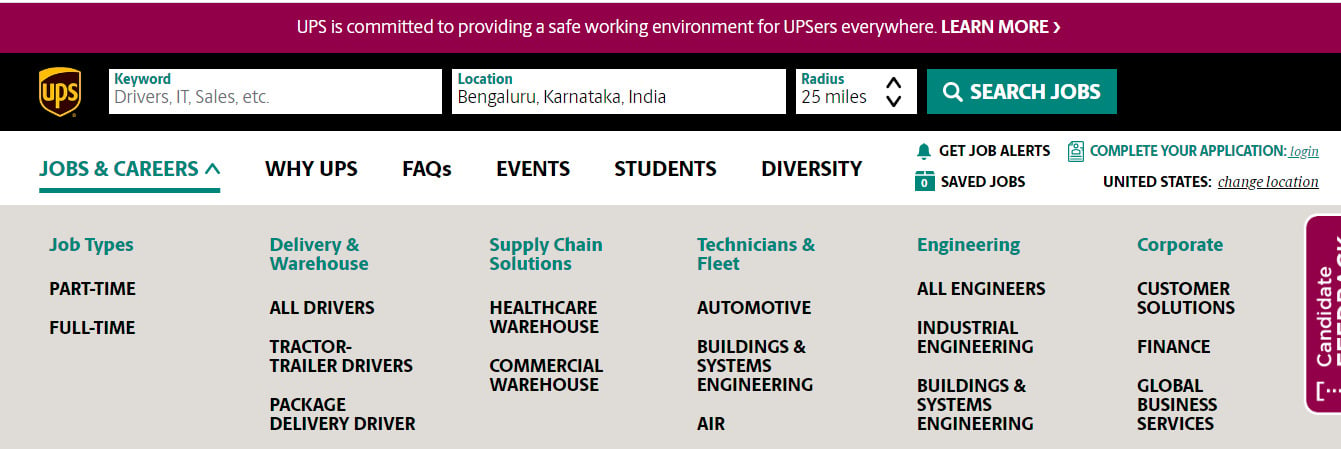 Screenshot of UPS website's career page