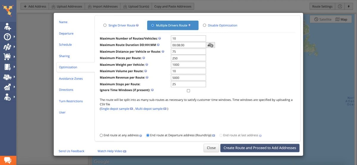 Setting up routing constraints to plan a delivery route on Route4Me