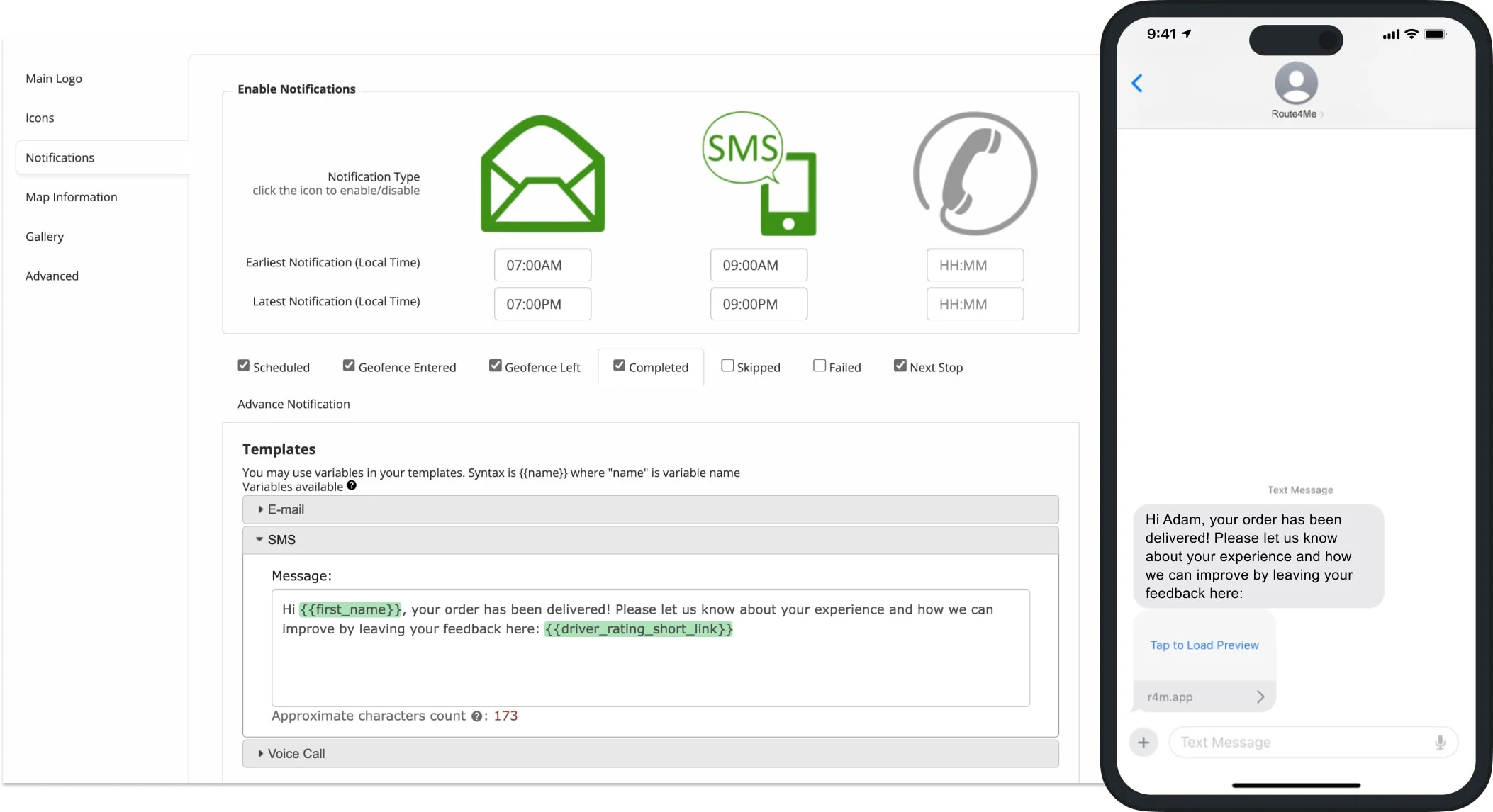 Customer notifications by Route4Me's advanced dispatch management system