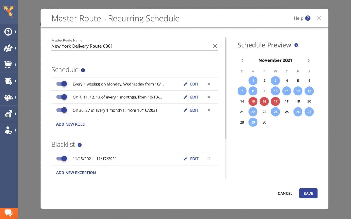 The image depicts how to schedule routes with recurring service calls