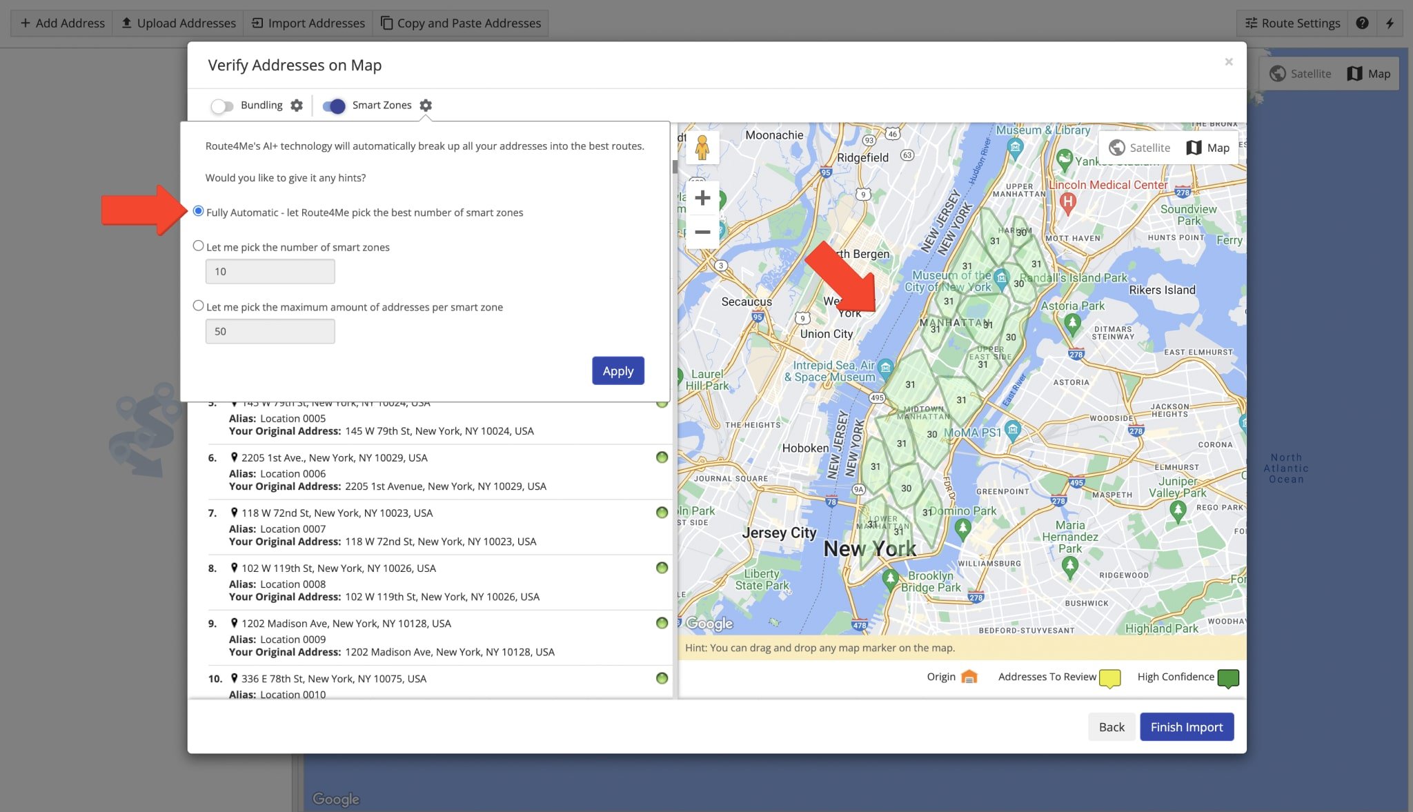 Screenshot image of how Route4Me's truck routing software automatically picks the best number of smart zones