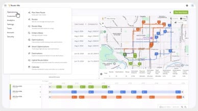 Image showing user experience of the global menu from Route4Me last mile transportation software. Image shows operations options including plan new route, routes, routes map, orders (new), optimizations, smart optimization, destinations, hybrid route editor and calendar.