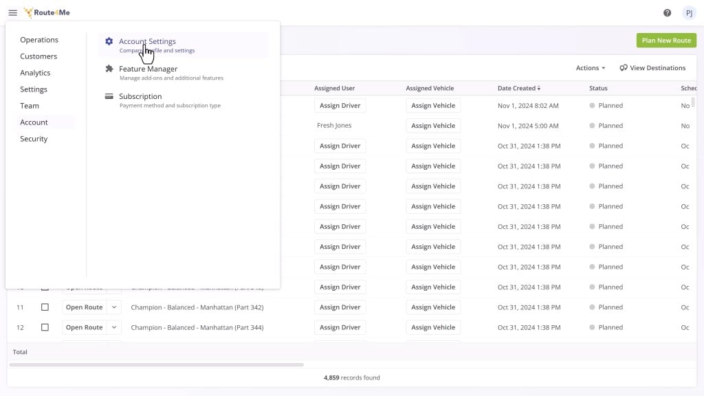 Route4Me Menu with Account Settings so you can set up your account details and preferences right inside the last mile transportation software.