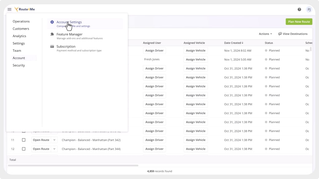 Route4Me Menu with Account Settings so you can set up your account details and preferences right inside the last mile transportation software.