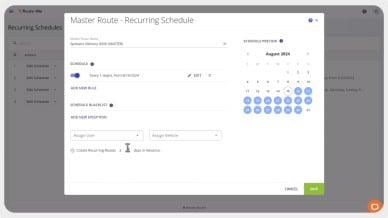 Route4Me interface showing the "Master Route – Recurring Schedule" setup screen. The master route is named "Spokane Delivery 0006 (MASTER)." A daily recurrence rule is set to begin on August 16, 2024, with a preview calendar on the right highlighting scheduled dates. Options to add new rules or exceptions, assign a user and vehicle, and set how many days in advance to create routes are visible. A green "Save" button and grey "Cancel" button appear at the bottom.