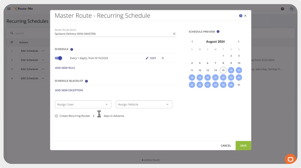 Route4Me interface showing the "Master Route – Recurring Schedule" setup screen. The master route is named "Spokane Delivery 0006 (MASTER)." A daily recurrence rule is set to begin on August 16, 2024, with a preview calendar on the right highlighting scheduled dates. Options to add new rules or exceptions, assign a user and vehicle, and set how many days in advance to create routes are visible. A green "Save" button and grey "Cancel" button appear at the bottom.