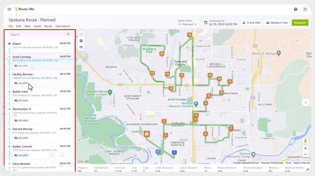 Route4Me route editor showing a planned Spokane route with a stop list on the left and a mapped delivery path with numbered destinations and driver progress on the right.