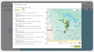 Route4Me interface displaying the "Verify Addresses on Map" screen during the route planning process. The left panel lists geocoded addresses grouped into smart zones, while the right panel shows a map of the U.S. Midwest with clustered green location markers representing address groups. The Smart Zones toggle is enabled, indicating automatic address clustering for route optimization.