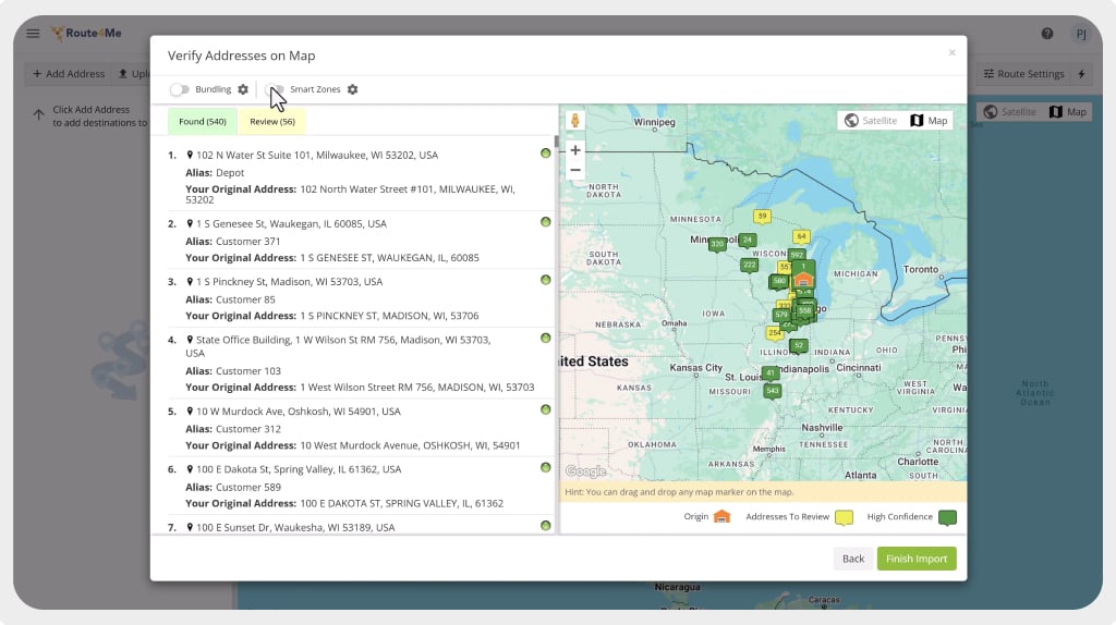 Route4Me interface displaying the "Verify Addresses on Map" screen during the route planning process. The left panel lists geocoded addresses grouped into smart zones, while the right panel shows a map of the U.S. Midwest with clustered green location markers representing address groups. The Smart Zones toggle is enabled, indicating automatic address clustering for route optimization.