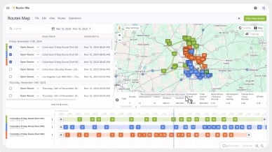 Route4Me Routes Map showing a list of routes, interactive map with color-coded stops, a timeline view of stops by time, and summary metrics for distance, duration, and density.