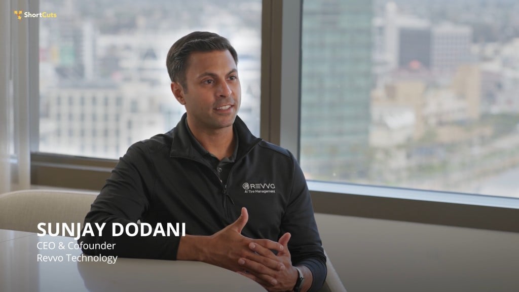 Revvo CEO Sunjay Dodani speaks during a ShortCuts interview, sharing the story behind AI-powered tire management and how Revvo gives tires a voice to improve fleet safety and efficiency.