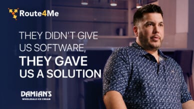 Damian's Wholesale Ice Cream rep beside Route4Me quote: 'They didn't give us software, they gave us a solution.'