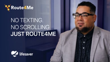 Justin Graves of LifeSaver Mobile beside a Route4Me and LifeSaver title: No Texting. No Scrolling. Just Route4Me.