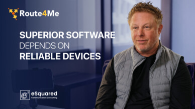 Adam Shapiro of eSquared beside a Route4Me/eSquared title: "Superior Software Depends On Reliable Devices."