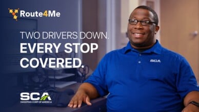 Vinnie Granby of SCA beside a Route4Me title card reading Two Drivers Down. Every Stop Covered.