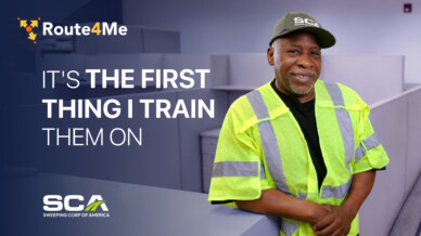 Wayman Howell of Sweeping Corp of America beside the line It's The First Thing I Train Them On, with Route4Me and SCA logos