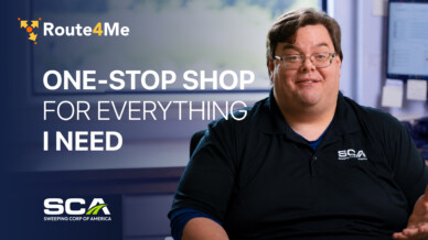 Bill Mosher of Sweeping Corp of America beside the line One-Stop Shop For Everything I Need, with Route4Me and SCA logos