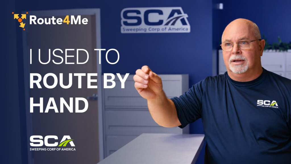 Steve Marriell of Sweeping Corp of America beside the line I Used To Route By Hand, with Route4Me and SCA logos